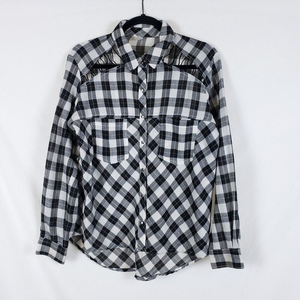 Free People Boho Western Plaid Shirt Womens XS Plaid Grunge Lace-Up Cut-Out - Picture 2 of 12